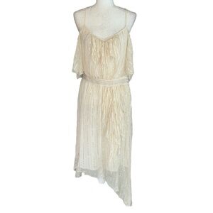 Free People Ivory & Metallic Gold Striped Crinkly Asymmetrical Midi Dress - 12